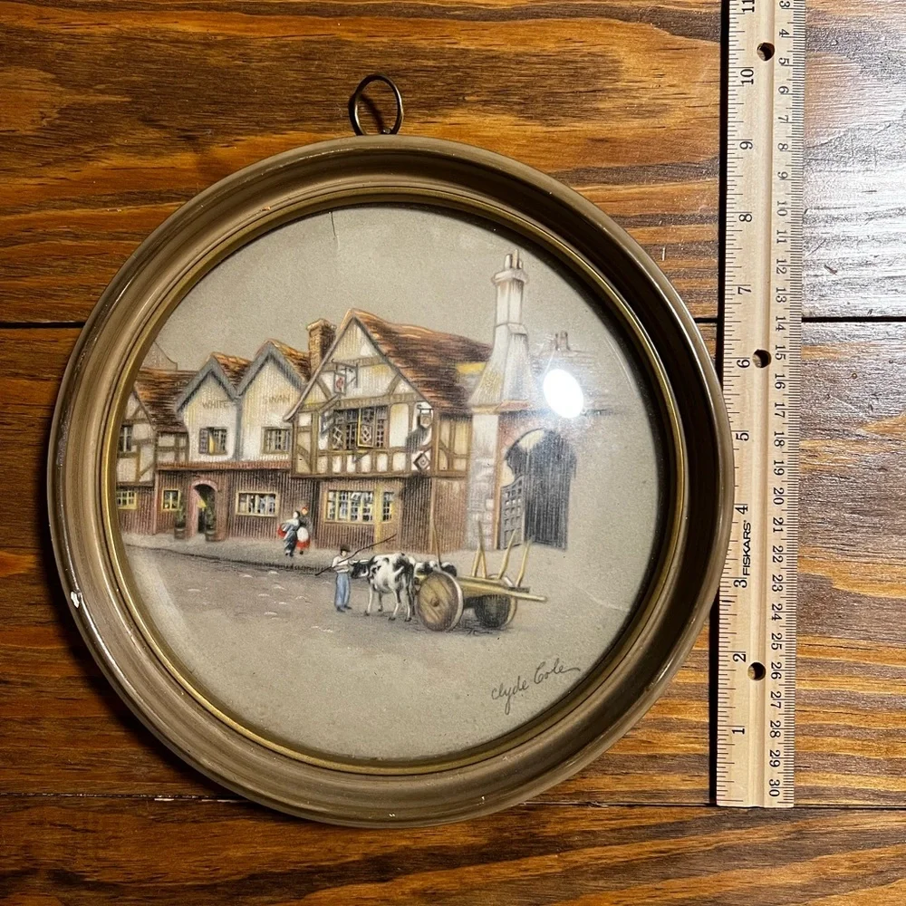 Vintage Round Wall Art with Village Scene - Picture 4 of 5